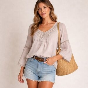 Bellambra Womens Grey Linen Blouse With Lace Trim Decorative Bow